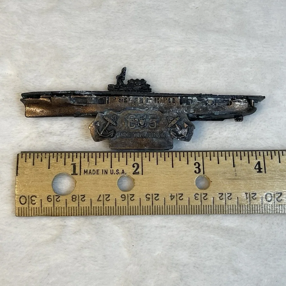 Vintage USS Yorktown Die Cast Pencil Sharpener Naval Ship Metal w/ Box 4